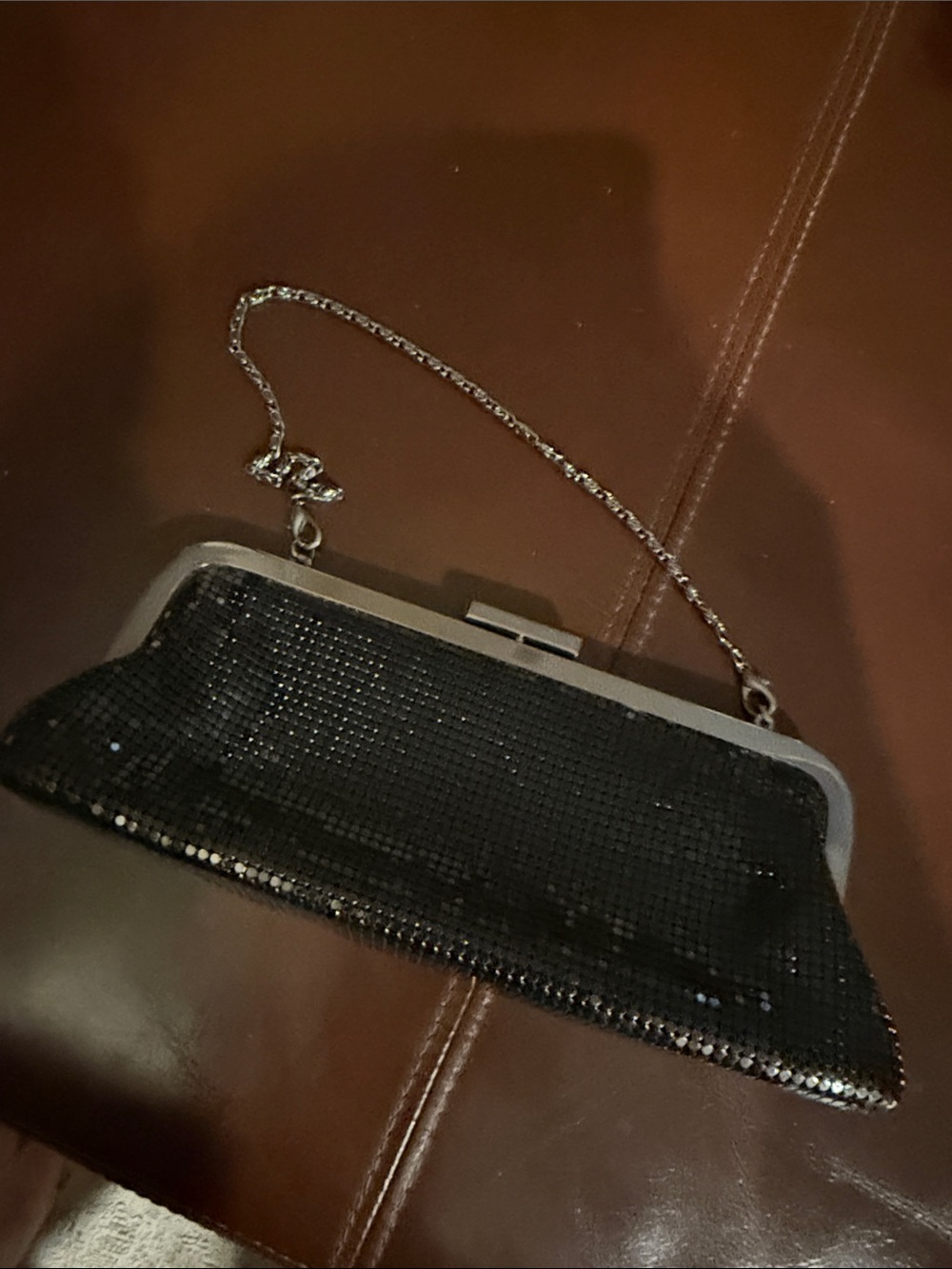 FELLINI by Carlo Fellini Black Sequin Mesh Clutch with Silver Frame and Chain